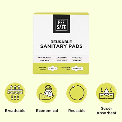 Pee Safe Reusable Sanitary Pads - Anti-Bacterial, Absorbent Pack of 4 with Pouch