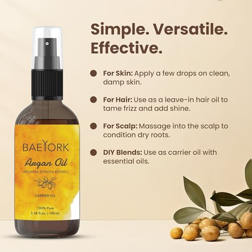Moroccan Argan Oil 100mL (3.4 Fl. Oz.) – 100% Pure Cold-Pressed Natural Oil for Hair, Skin & Face | Moisturizer for Dry Hair, Scalp & Body | Chemical-Free, Vegan & Cruelty-Free