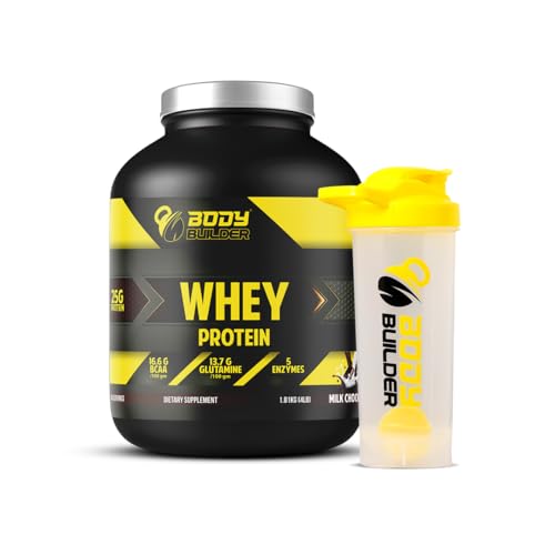 Body Builder 100% Whey Protein with Shaker - 25g Protein, BCAAs, Glutamine - Milk Chocolate - 4 LB