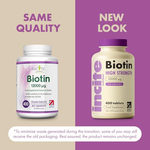 Incite Nutrition Biotin Hair Growth Supplement 12,000mcg - 400 Tiny Tablets (Full Year Supply)