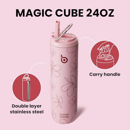 BOTTLE BOTTLE Insulated Water Bottle 24oz with Straw Lid - Double-Wall Vacuum Stainless Steel, Leak-Proof, Flower Frenzy Design