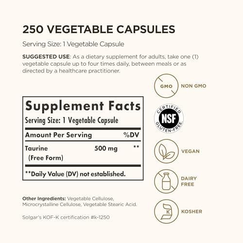 Solgar Taurine 500 mg, 250 Vegetable Capsules - Antioxidant - Brain & Heart Health - Amino Acid - Vegan, Gluten Free, Dairy Free, Kosher, Halal - 250 Servings