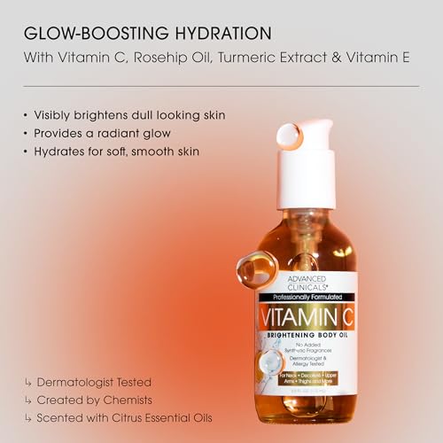 Advanced Clinicals Brightening Vitamin C Body Oil | Glow Oil with Vitamin E & Botanicals for Dark Spots & Dry Skin | 3.8 Fl Oz
