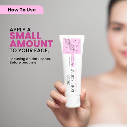 BIOCOS Kojic Acid Cream for Dark Spots & Hyperpigmentation - With 1 Free Cream - Skin Brightening & Acne Scar Removal with Glycolic Acid, Aloe Vera & Vitamin B5 - 50gm
