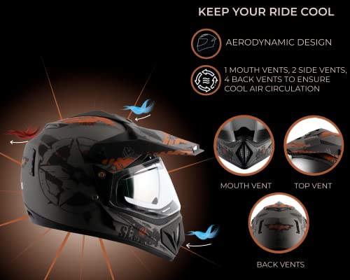 Vega Off Road Secret ISI Certified Full Face Helmet - Dual Visor (Dull Anthracite Black, Size L)