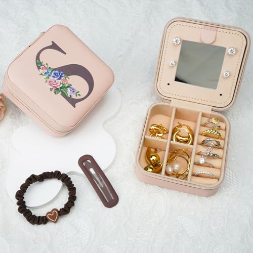 LIWEGHT Initial Travel Jewelry Box - Small Case with Mirror for Rings, Necklaces & Earrings
