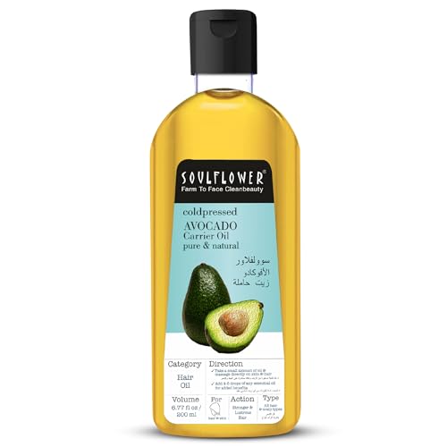 Soulflower Avocado Carrier Oil - 100% Pure Organic Cold Pressed Oil for Hair Growth, Face & Skin Care - 200ml
