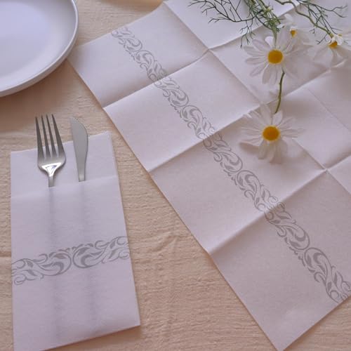 DADAWU Elegant White Linen-Feel Disposable Dinner Napkins with Gold Flatware Pocket - Pack of 50 for Parties & Weddings