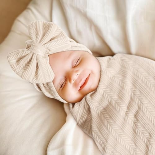 SYOSI Newborn 3-Piece Cotton Swaddle Set - Blanket, Hat & Headband