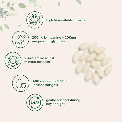 Micro Ingredients L-Theanine 200mg with Magnesium Glycinate - 400 MCT Coconut Oil Softgels for Relaxation & Focus