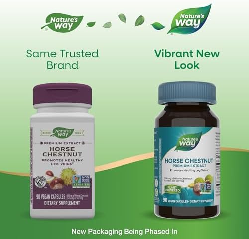 Nature's Way Standardized Horse Chestnut, Premium Extract, Promotes Healthy Leg Veins*, 250 mg per Serving, Vegan, 90 Capsules (Packaging May Vary)