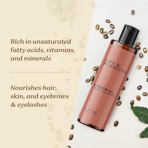 Life & Pursuits Organic Castor Oil (6.76 fl oz) - 100% Pure Hair Growth Oil and Moisturizer for Healthy Hair, Eyelashes, Eyebrows and Skin - Hexane-Free & Cold-Pressed Natural Oil