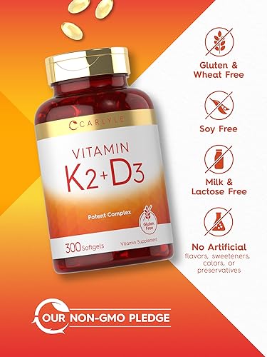 Carlyle Vitamin K2 + D3 | 200 mcg K2 MK7 & 250 mcg D3 | Non-GMO, Gluten Free | 300 Softgels