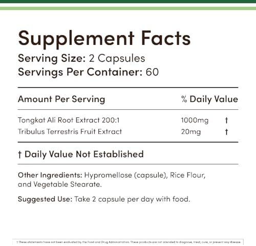 Tongkat Ali Extract 200:1 for Men - 1000mg per Serving, 120 Capsules - Men's Health Support with Tribulus Terrestris - Third Party Tested by Double Wood