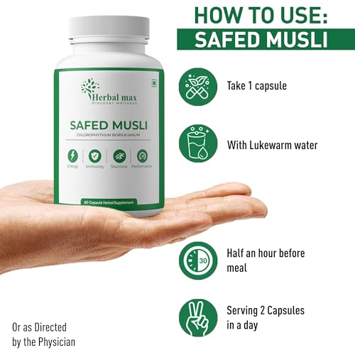 Herbal Max Safed Musli Capsules - Boost Energy, Stamina & Immunity Naturally, 800mg 60 Caps