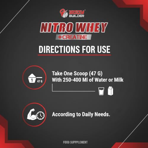 Body Builder Nitro Whey Protein Powder - 31g Whey Protein with Creatine Monohydrate, BCAA & Digestive Enzymes - Gluten-Free, No Added Sugar - Chocolate, 4 LB