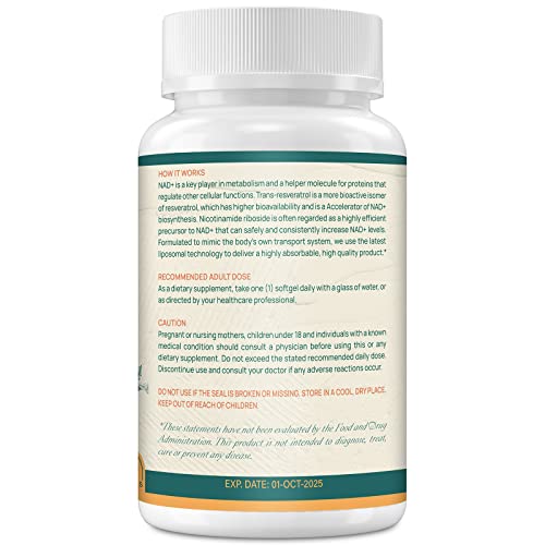 Liposomal NAD+ Supplement with Nicotinamide Riboside & Resveratrol - 800 mg NAD+ for DNA Repair, Brain Function & Healthy Aging - 360-Day Supply