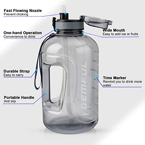 GEMFUL 3 Liter Motivational Water Bottle with Time Markings - BPA Free Large Reusable Jug with Straw, Leak-Proof Handle - Grey