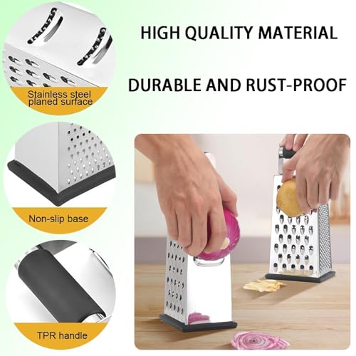 Stainless Steel 4-Sided Box Grater - 3 Hole Sizes for Cheese & Vegetables