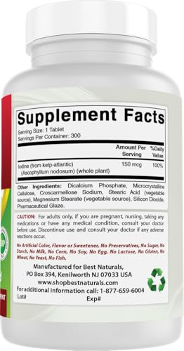 Best Naturals Kelp Supplement 150mcg - Thyroid Support & Iodine - 300 Tablets
