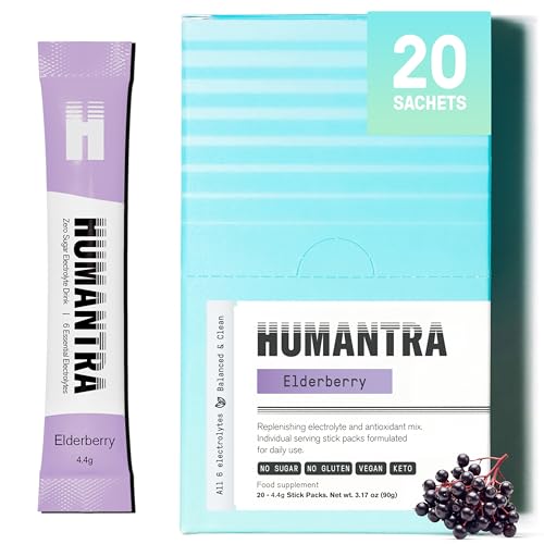 Humantra Hydration Packets - Zero Calorie, Zero Sugar Electrolyte Hydration Multiplier with Essential Minerals, Boost Immune & Metabolic Functions, Elderberry (20 Count)