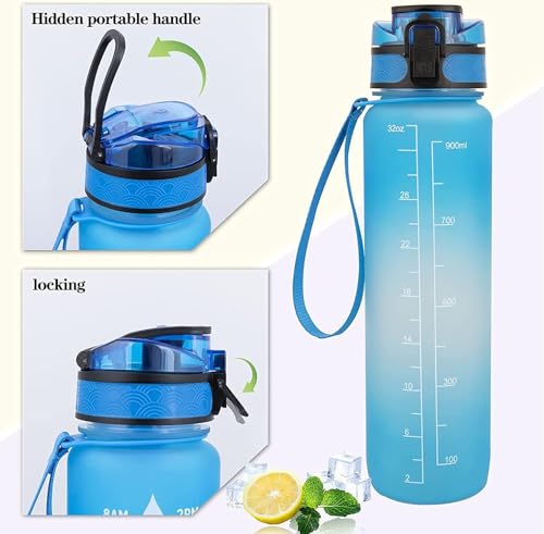 32oz Motivational Water Bottle with Time Marker - Leak-Proof BPA-Free Sports Bottle with Removable Strainer & Carrying Strap