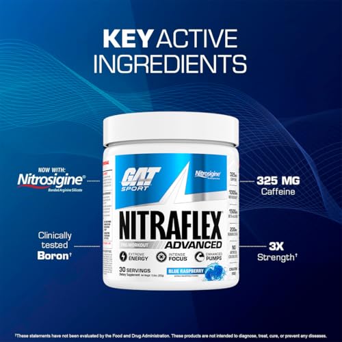 GAT Sport Nitraflex Pre-Workout Powder, Blue Raspberry, 300g