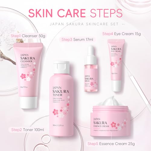 SAKURA 5-Piece Skin Care Gift Set for Women - Cleanser, Toner, Serum, Eye & Face Cream