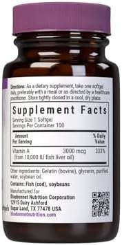 Bluebonnet Nutrition, Vitamin A, 3,000 mcg (10,000 IU), 100 Softgels