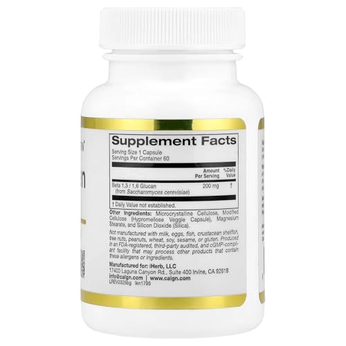 California Gold Nutrition Beta Glucan 1-3, 1-6, 200mg - Immune Support - 60 Veggie Capsules