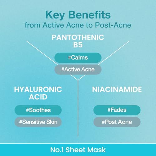 numbuzin No.1 Pantothenic B5 Hyaluronic Active Clear Sheet Mask – Soothing & Hydrating Korean Face Mask for Acne-Prone, Sensitive Skin (Pack of 4)
