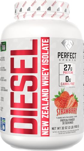 PERFECT SPORTS Diesel 100% New Zealand Whey Protein Isolate - Stevia Sweetened, Zero Carb, Zero Fat, 27g Protein, 2 lbs - Strawberry