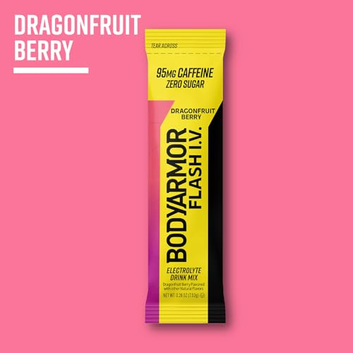 BODYARMOR Caffeinated Flash I.V. Electrolyte Packets - Dragonfruit Berry | Zero Sugar Energy Drink Mix | Pre-Workout Hydration (6 Count)