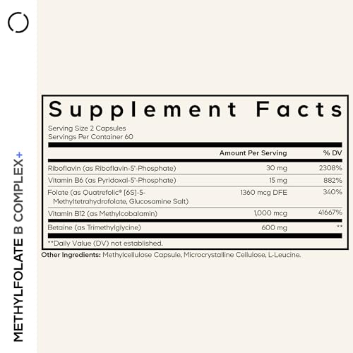 Methyl-Elite Methylation Supplements - 5 MTHF, Methylcobalamin 1000mcg Methylated Vitamin B12, Riboflavin, Betaine, Vitamins B6, Methylfolate - Methylation Cycle MTHFR - 2 Months Supply - 120 Capsules