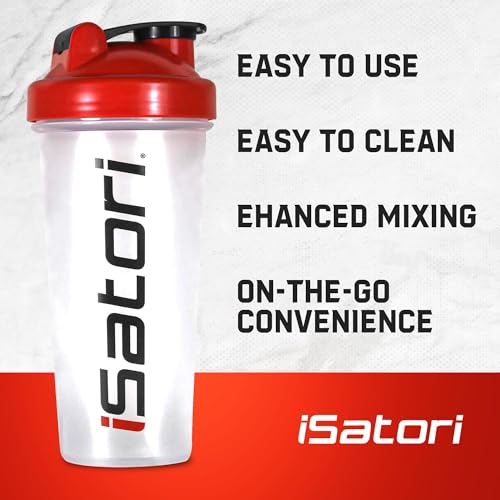 iSatori Classic Blender Bottle 28 oz with Stainless Steel Whisk Ball - Clear Bottle Red Top