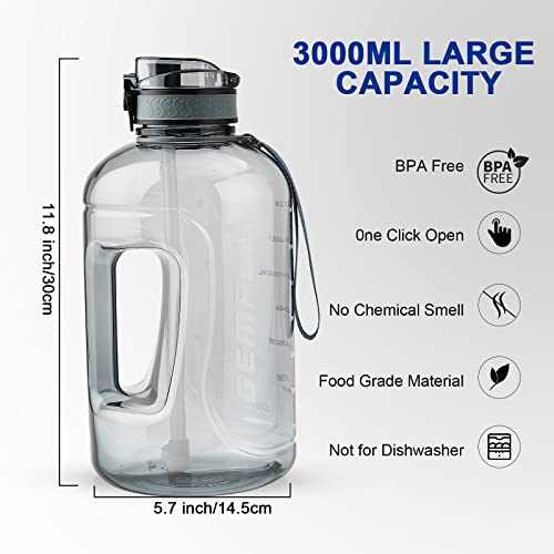 GEMFUL 3 Liter Motivational Water Bottle with Time Markings - BPA Free Large Reusable Jug with Straw, Leak-Proof Handle - Grey