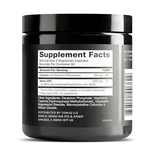 Toniiq Ultra High Purity Alpha GPC Capsules - 600mg | 99%+ Purified Nootropic | 120 Capsules for Cognitive Support