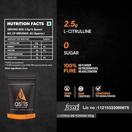 Asitis Nutrition Pure L-Citrulline Powder - 100gm Nitric Oxide Supplement