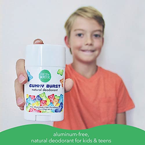 Fresh Monster Natural Deodorant for Kids & Teens - Aluminum Free, Paraben Free, Hypoallergenic, Gummy Burst Scent (1.76oz)