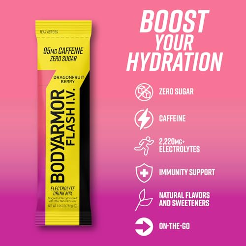 BODYARMOR Caffeinated Flash I.V. Electrolyte Packets - Dragonfruit Berry | Zero Sugar Energy Drink Mix | Pre-Workout Hydration (6 Count)
