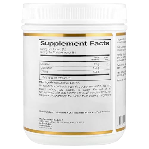 California Gold Nutrition Instantized BCAA Powder, Unflavored, 2 lb (907 g)