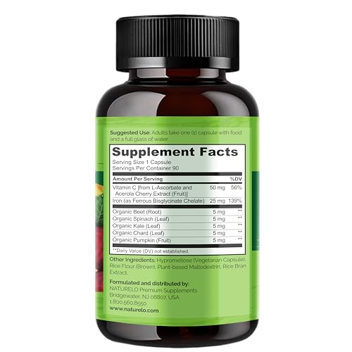 NATURELO Vegan Iron Supplement with Whole Food Vitamin C - 90 Mini Capsules