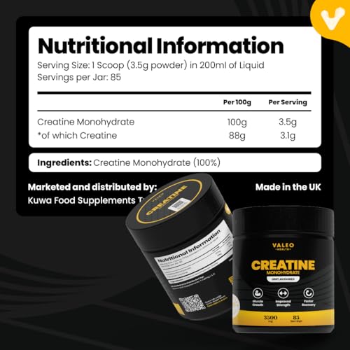 Valeo Creatine Monohydrate Powder 300g (85 Servings) | Micronized & Pure for Muscle Growth & Recovery