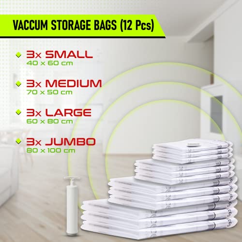 Vacuum Storage Bags with Travel Hand Pump - Space Saver Compression for Home & Travel (12-Pack)