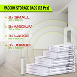 Vacuum Storage Bags with Travel Hand Pump - Space Saver Compression for Home & Travel (12-Pack)