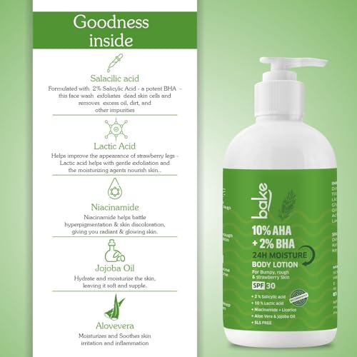 BAKE Body Lotion SPF 30 - Bumpy Skin Treatment, 10% AHA + 2% BHA Exfoliating Lotion, 200ml Unisex 200 ml (Pack of 1)