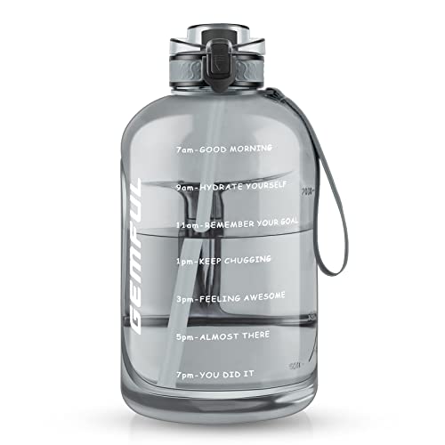 GEMFUL 3 Liter Motivational Water Bottle with Time Markings - BPA Free Large Reusable Jug with Straw, Leak-Proof Handle - Grey