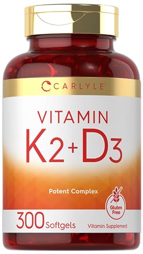 Carlyle Vitamin K2 + D3 | 200 mcg K2 MK7 & 250 mcg D3 | Non-GMO, Gluten Free | 300 Softgels