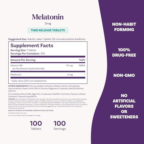 Natrol Melatonin 3 mg Time Release, Dietary Supplement to Minimize Wake Ups, Nighttime Sleep Aid, 100 Tablets, Up to a 100 Day Supply