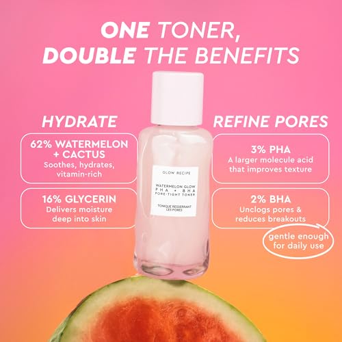 Glow Recipe PHA + BHA Face Toner - Pore Minimizer & Gentle Exfoliant for Glass Skin - Hydrating & Tightening with Hyaluronic Acid & Watermelon (40ml)